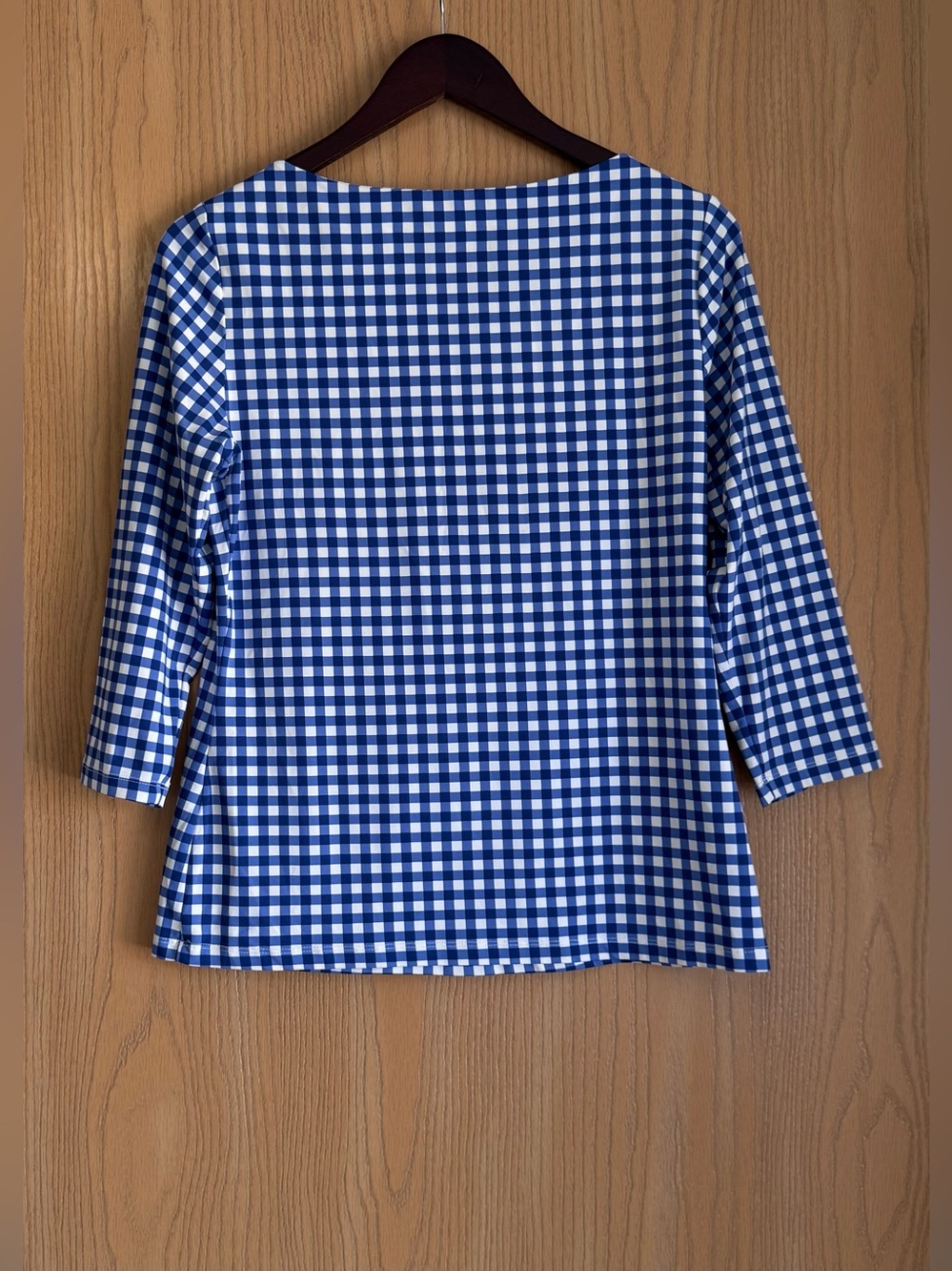 J. McLaughlin | SZ Medium | Blue White Gingham Top | 3/4 Sleeve Catalina Cloth - Picture 2 of 7